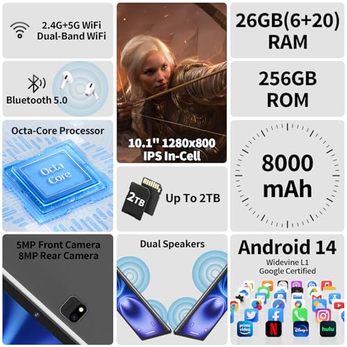 Android 14 Tablet 10 inch with Keyboard, 26GB RAM+256GB ROM, 8000mAh, Black Y959