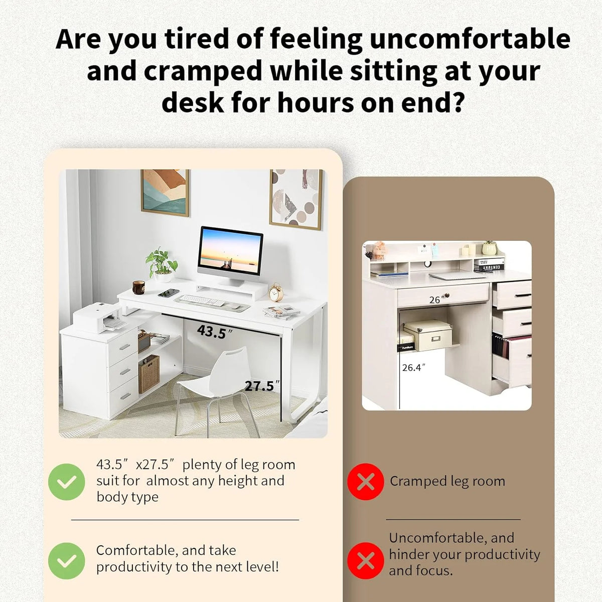 White L Shaped Desk with Drawers 55 inch Reversible Computer Desk with Shelves E745
