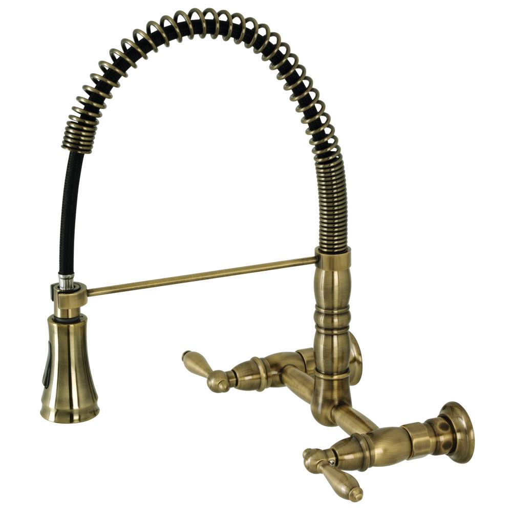Antique Brass Wall-Mount Pull-Down Sprayer Kitchen Faucet B51436