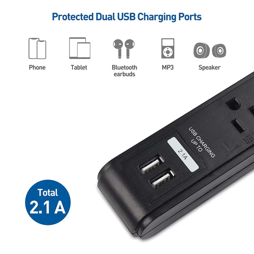 2-Pack 6 Outlet Surge Protector Power Strip with USB Charging Ports, 8 Foot Cord, Black O665654