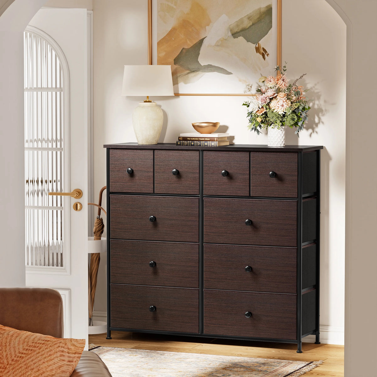 Dark Brown 10 Drawer Fabric Dresser L7313