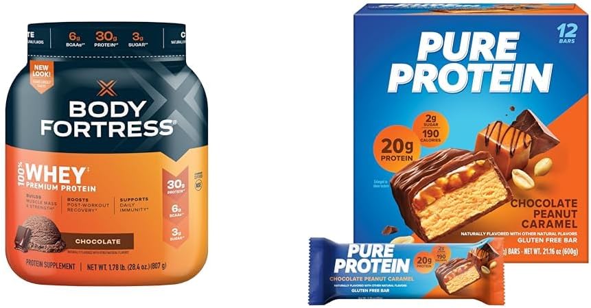 Chocolate Whey Protein Powder 1.78lbs and Chocolate Peanut Caramel Protein Bars 12 Count 1.76oz B1717