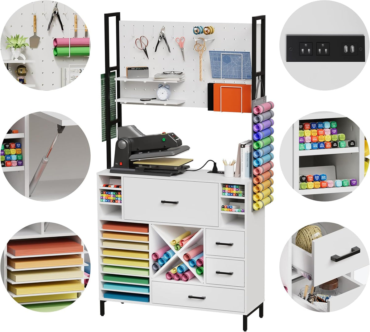 Craft Organizers and Storage Cabinet with Power Outlet, Pegboard, Vinyl Holders K601