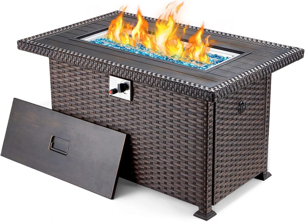 44in Propane Fire Pit Table with Lid Cover Glass Beads K29987