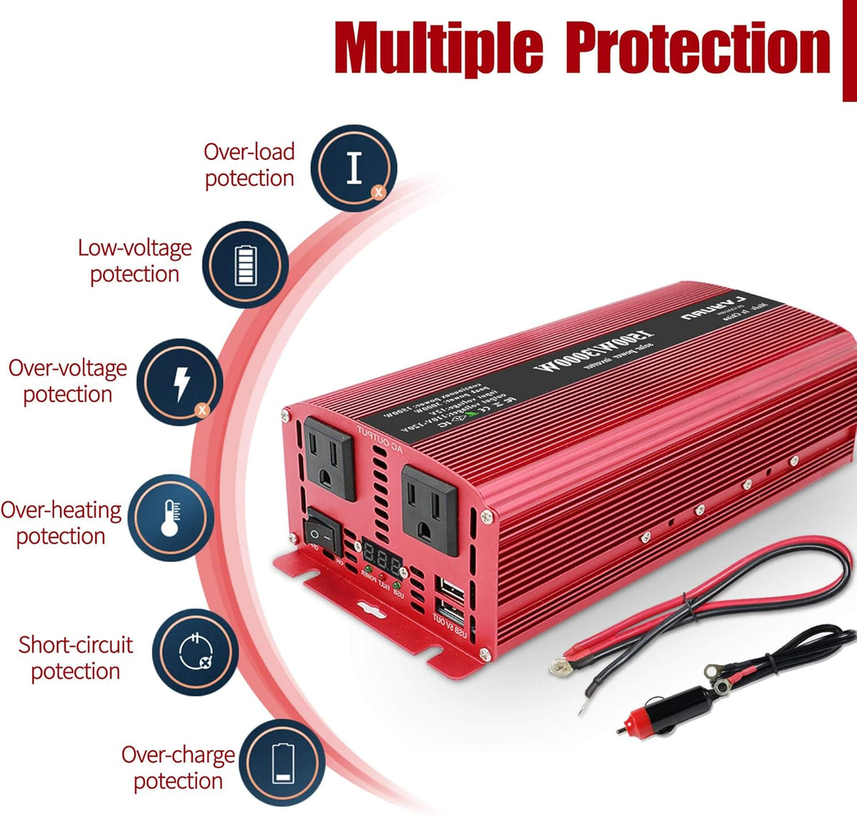 1500W Power Inverter Dual AC Outlets Dual USB DC 12V to 110V AC Car Inverter with Digital Display 4 External 40A Fuses T9021
