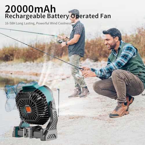 20000mAh Camping Fan with LED Lantern USB Rechargeable 4 Speeds Black W6820