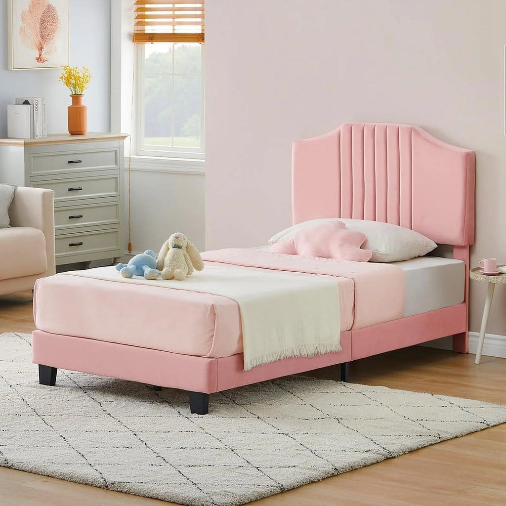 Twin Size Velvet Upholstered Platform Bed Frame with Headboard R1945