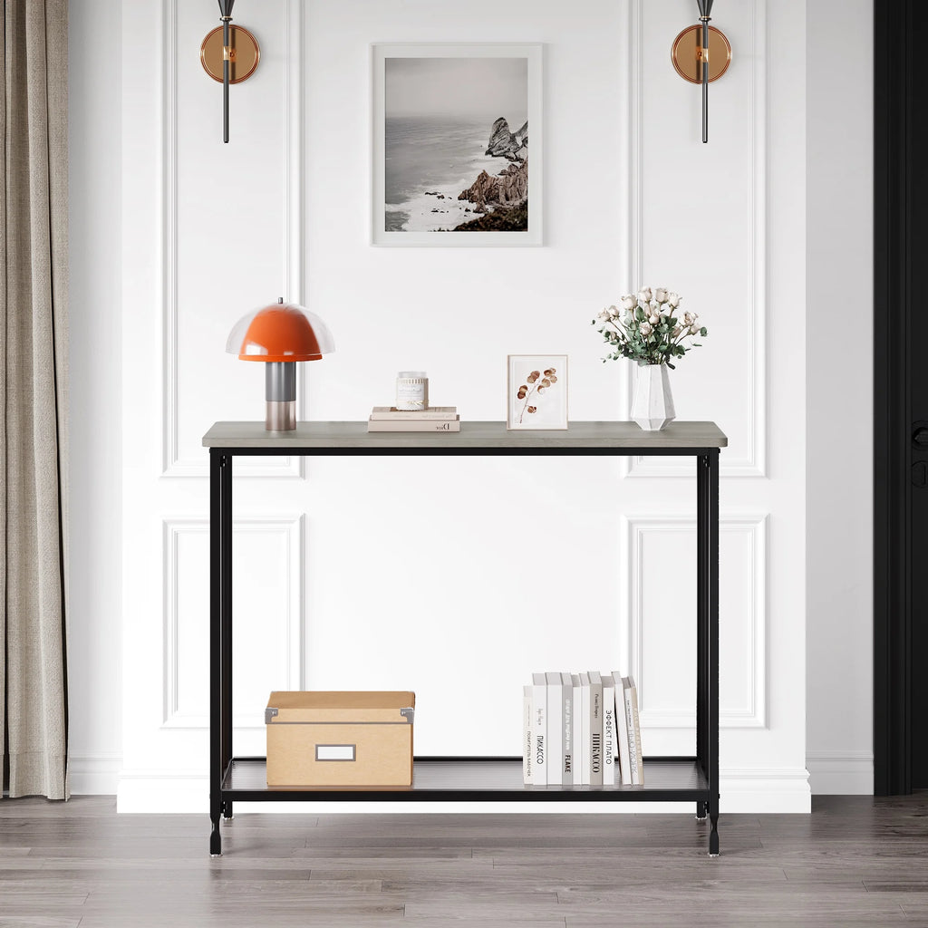Gray Console Table with Glass Shelf and Metal Frame K917066