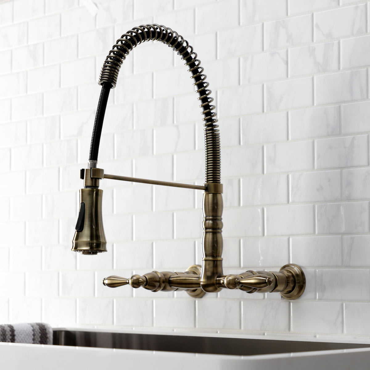 Antique Brass Wall-Mount Pull-Down Sprayer Kitchen Faucet B51436