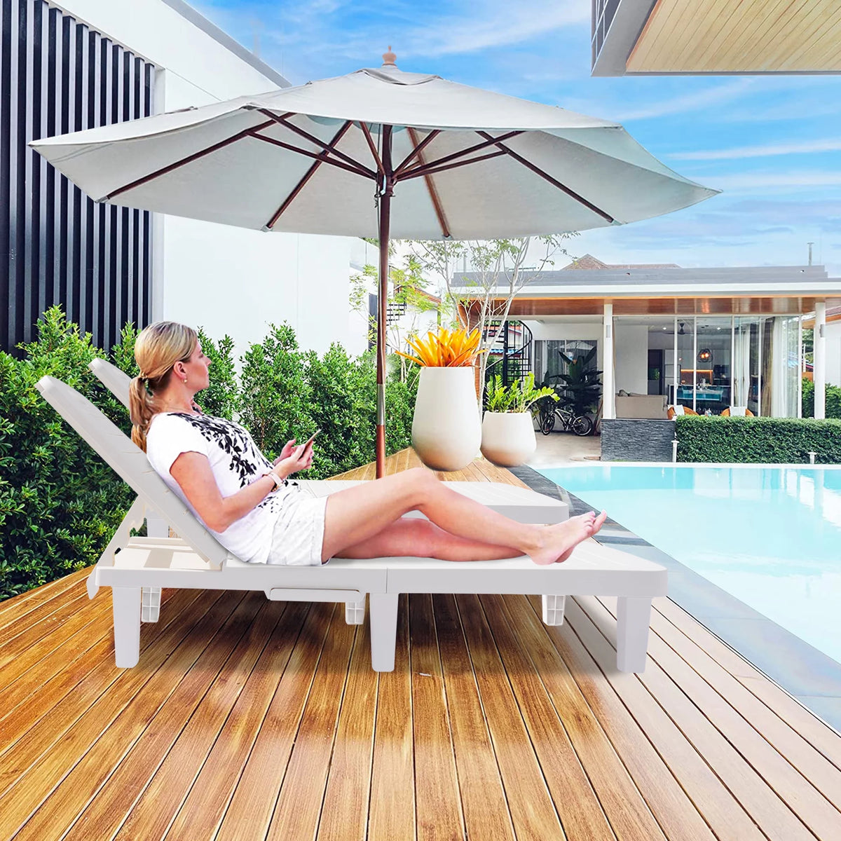 2 Pieces Patio Chaise Lounge Set with Side Table, White Z435048