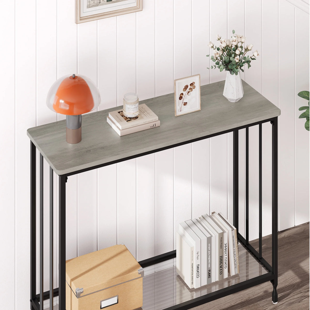 Gray Console Table with Glass Shelf and Metal Frame K917066