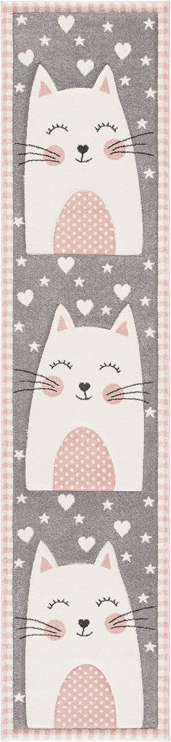 2'3" x 12' Pink & Grey Cat Design Runner Rug D55851