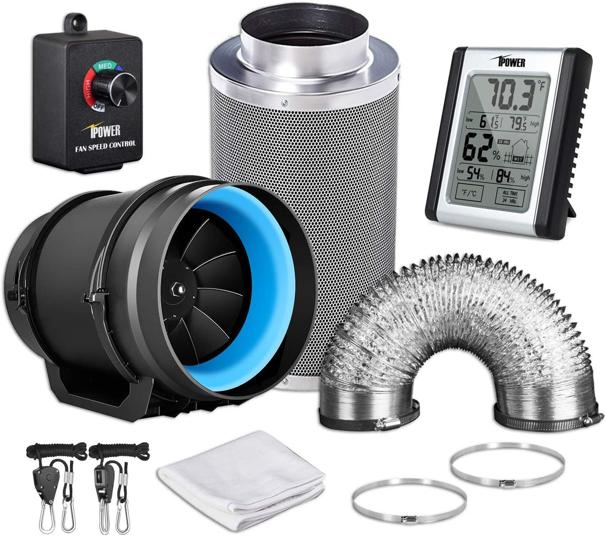 8 Inch 500 CFM Inline Fan with Carbon Filter and Ducting X406