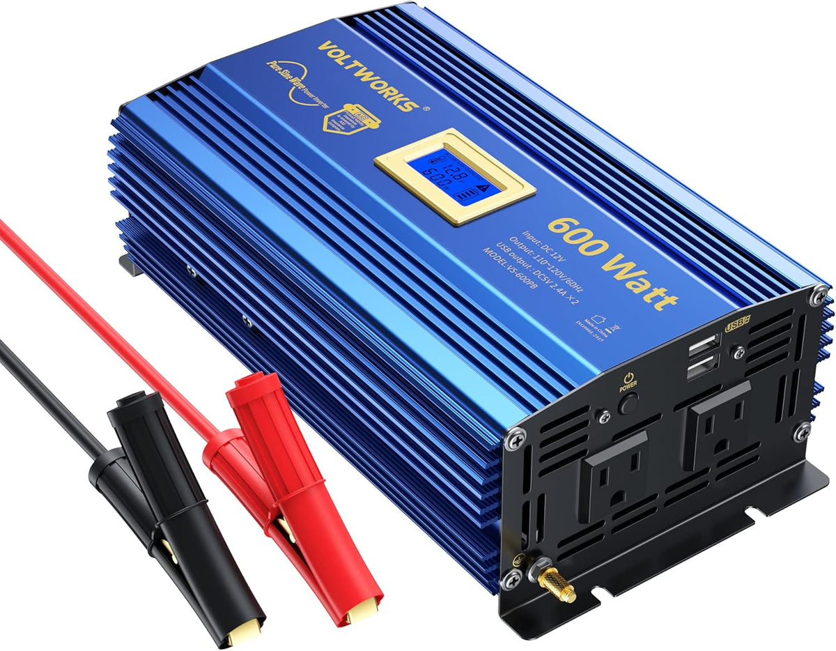 600 Watts Pure Sine Wave Power Inverter DC 12V to AC 110V with Dual USB Port & LCD Display P5785