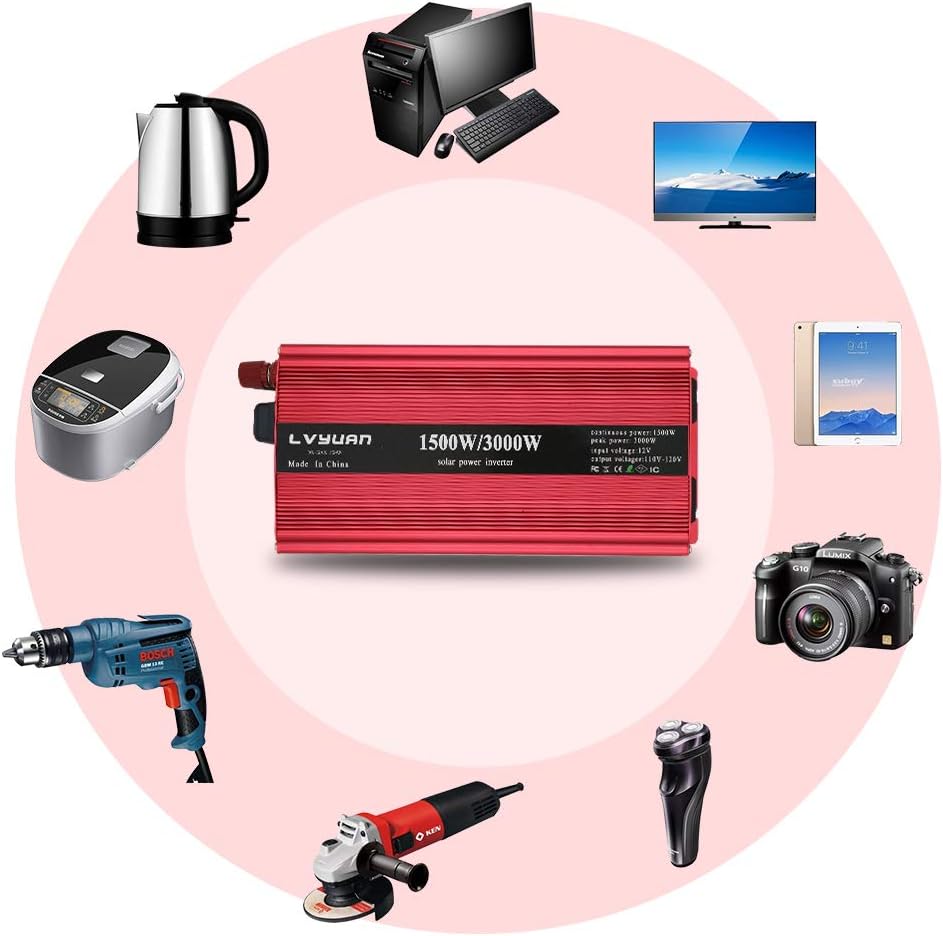 1500W Power Inverter Dual AC Outlets Dual USB DC 12V to 110V AC Car Inverter with Digital Display 4 External 40A Fuses T9021