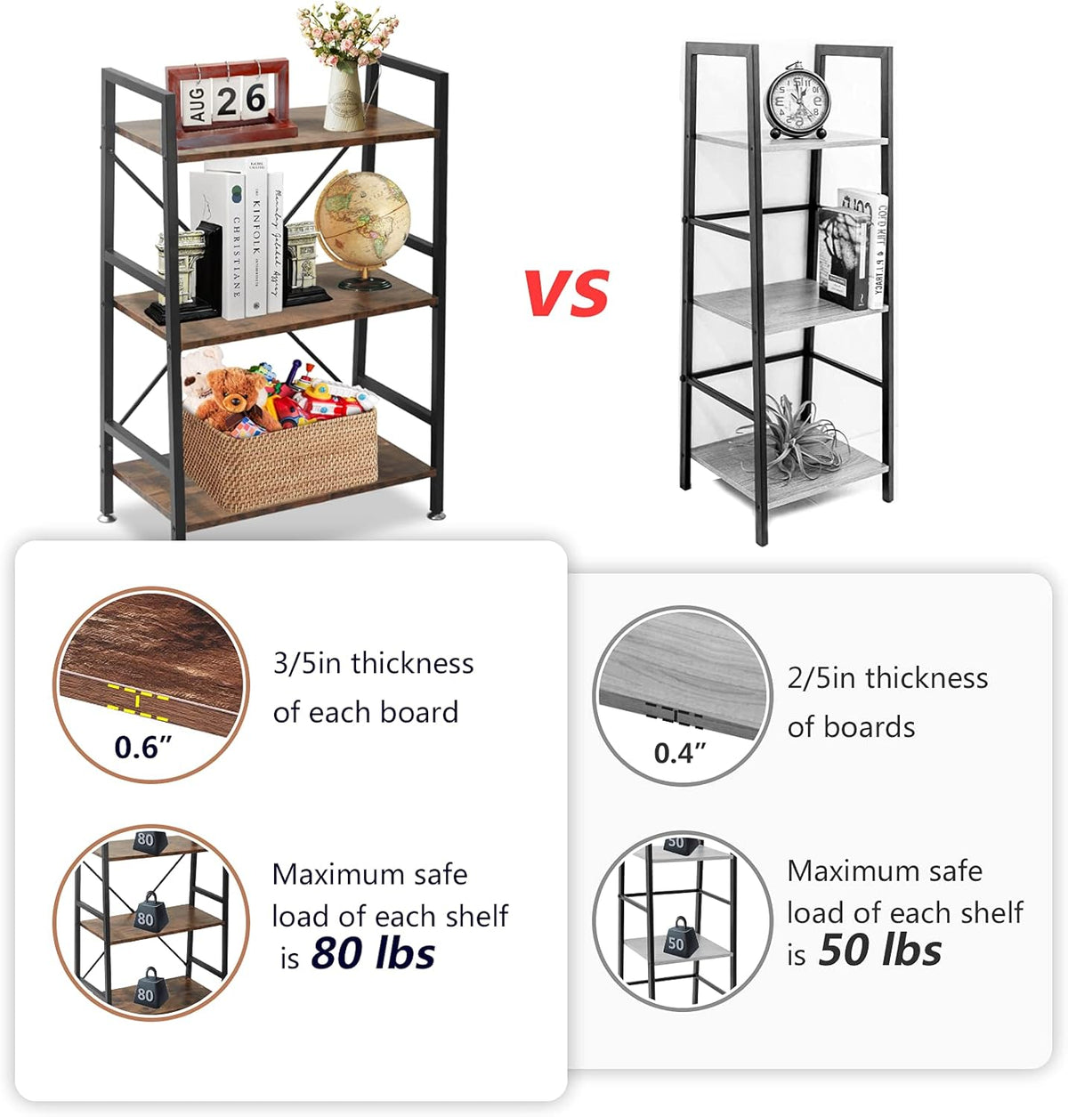 3 Tier Rustic Wood and Metal Bookshelf W1292
