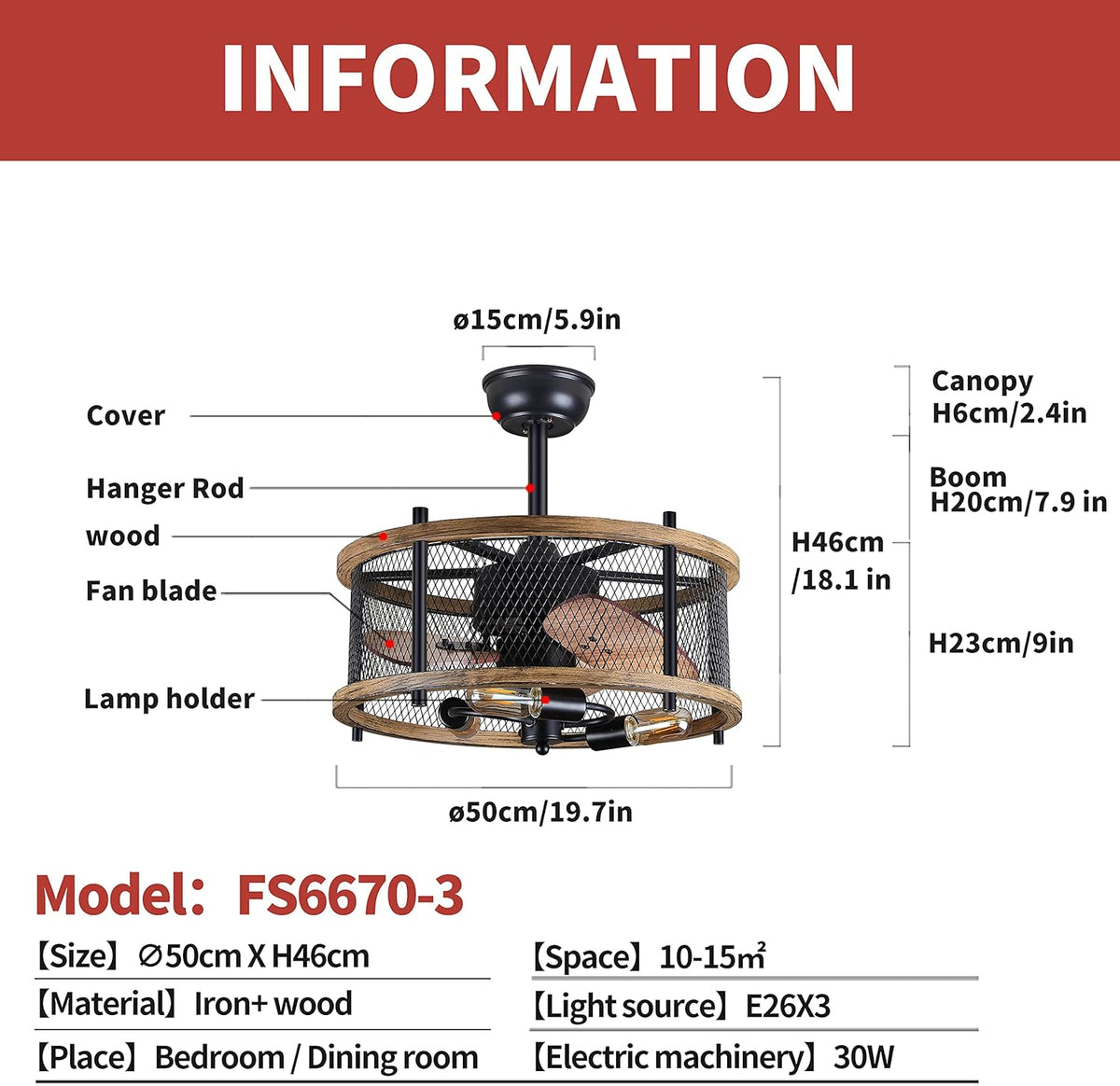 20-inch Industrial Caged Ceiling Fan with Lights Remote Control I93831