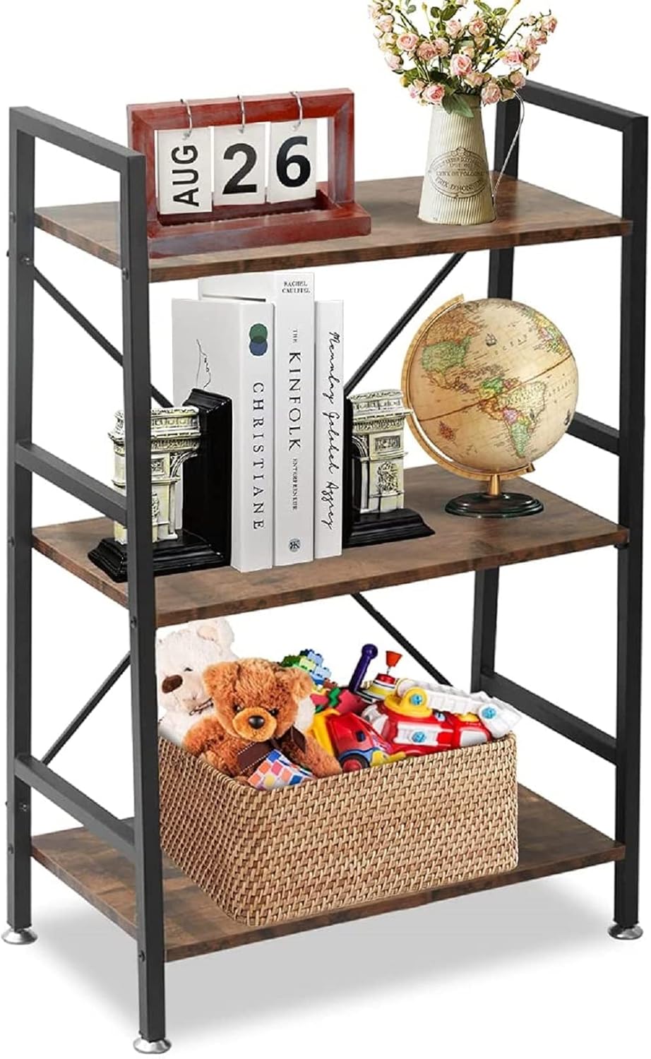 3 Tier Rustic Wood and Metal Bookshelf W1292