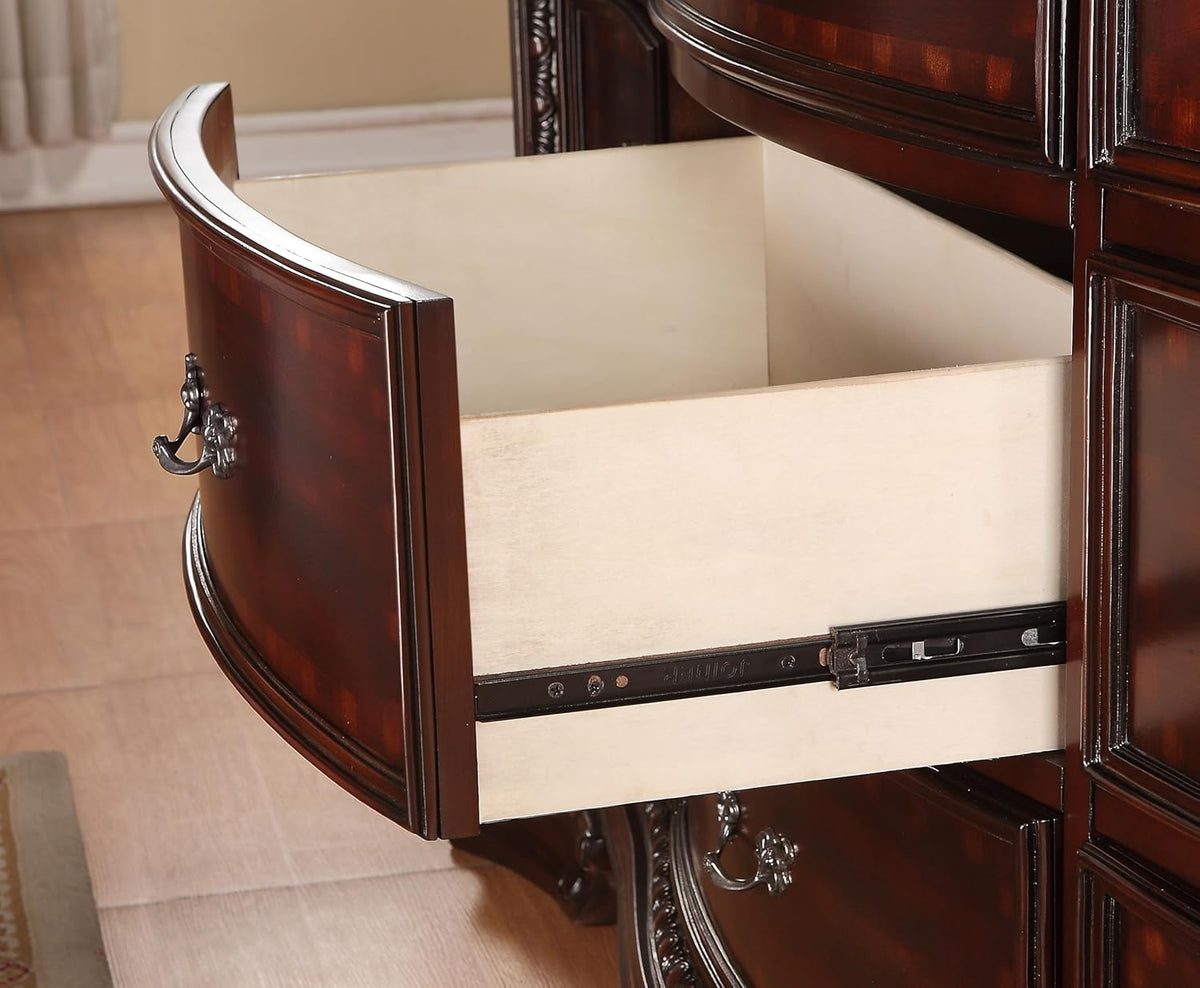 King Size Faux Leather Panel Bed with 2 Nightstand Set Cherry Finish Solid Wood Bedroom Furniture L73064