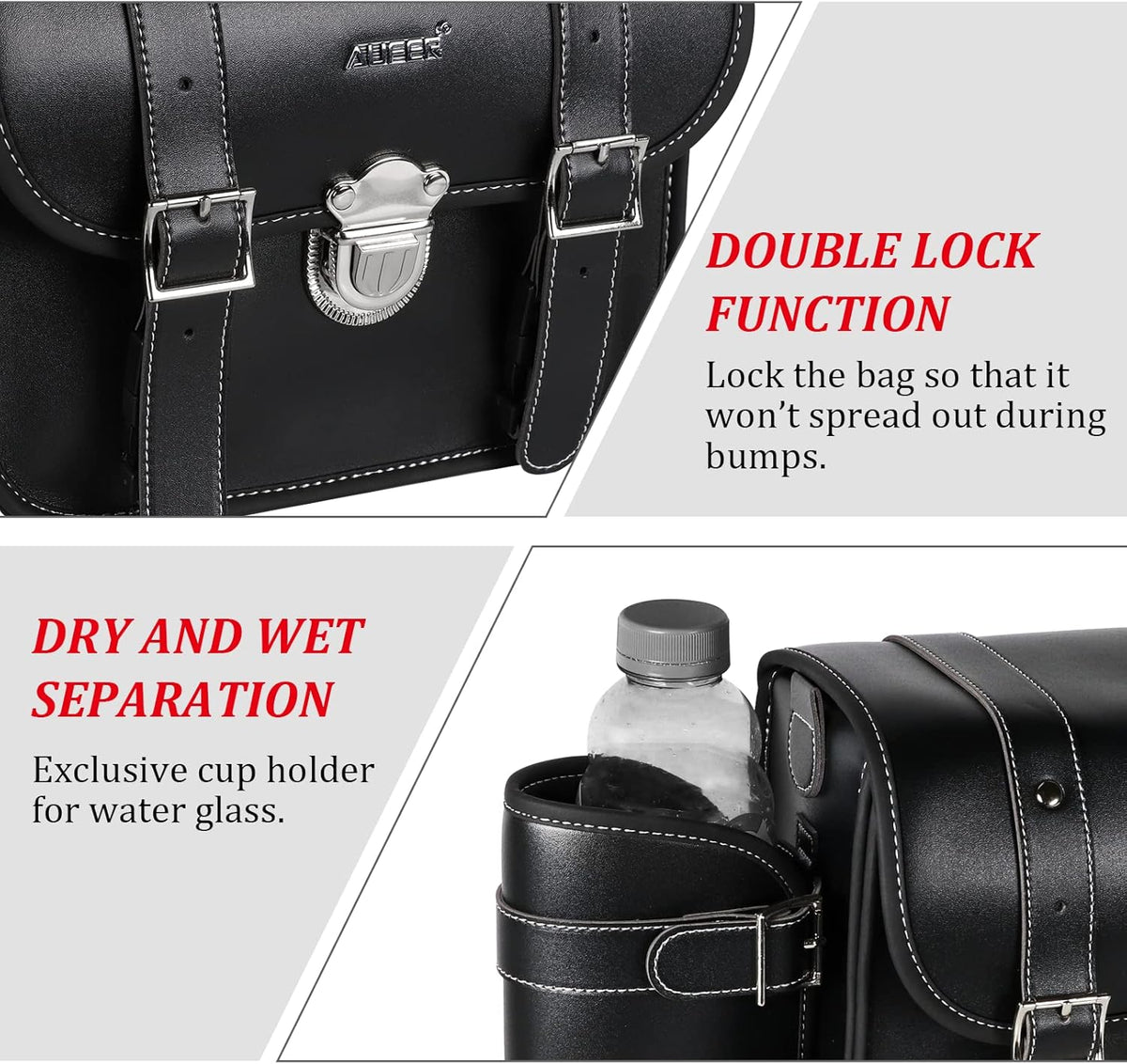 2 Pack Black Synthetic Leather Lockable Motorcycle Saddlebags L982