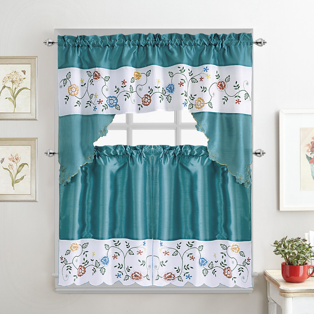 Turquoise 3-Piece Kitchen Curtain Set, 58x36 & 28x36 inches O441912