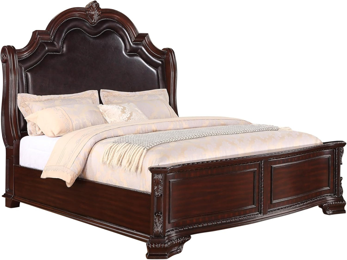 King Size Faux Leather Panel Bed with 2 Nightstand Set Cherry Finish Solid Wood Bedroom Furniture L73064