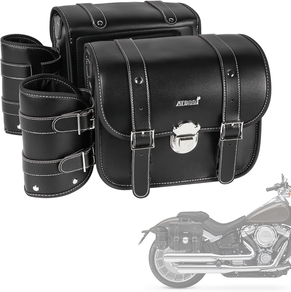 2 Pack Black Synthetic Leather Lockable Motorcycle Saddlebags L982