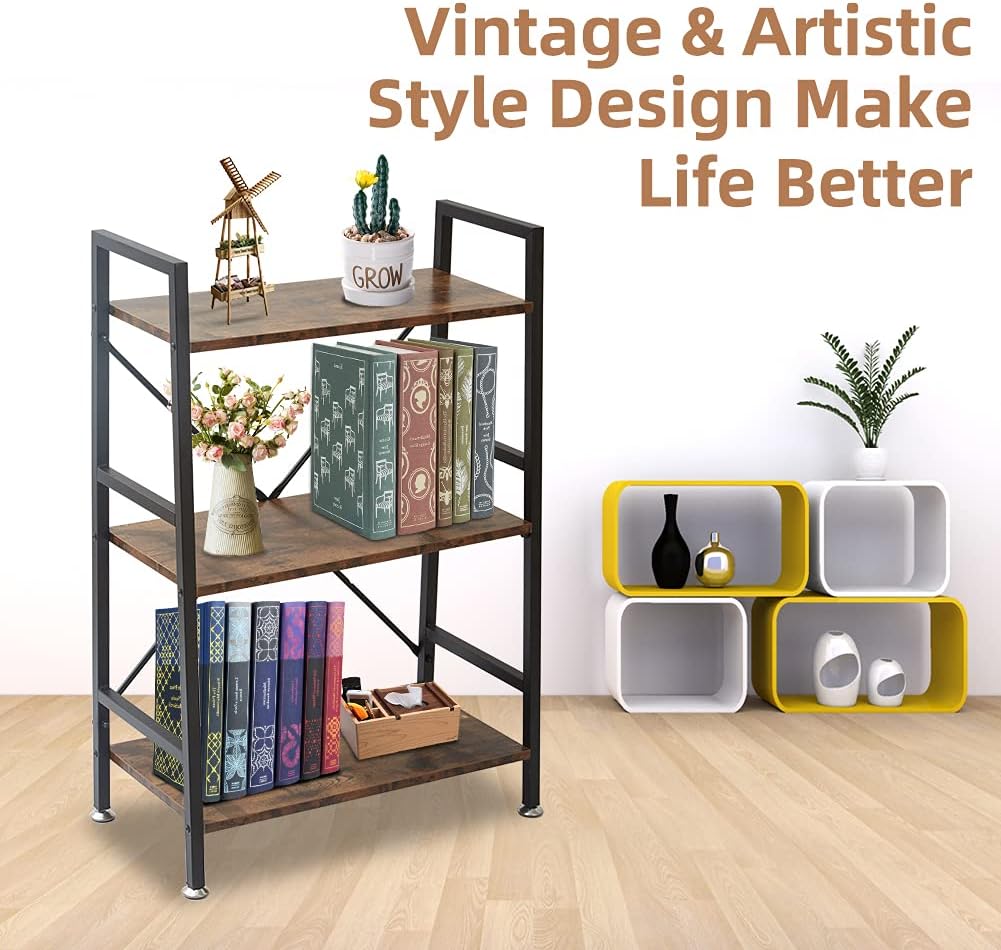 3 Tier Rustic Wood and Metal Bookshelf W1292
