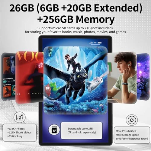 Android 14 Tablet 10 inch with Keyboard, 26GB RAM+256GB ROM, 8000mAh, Black Y959
