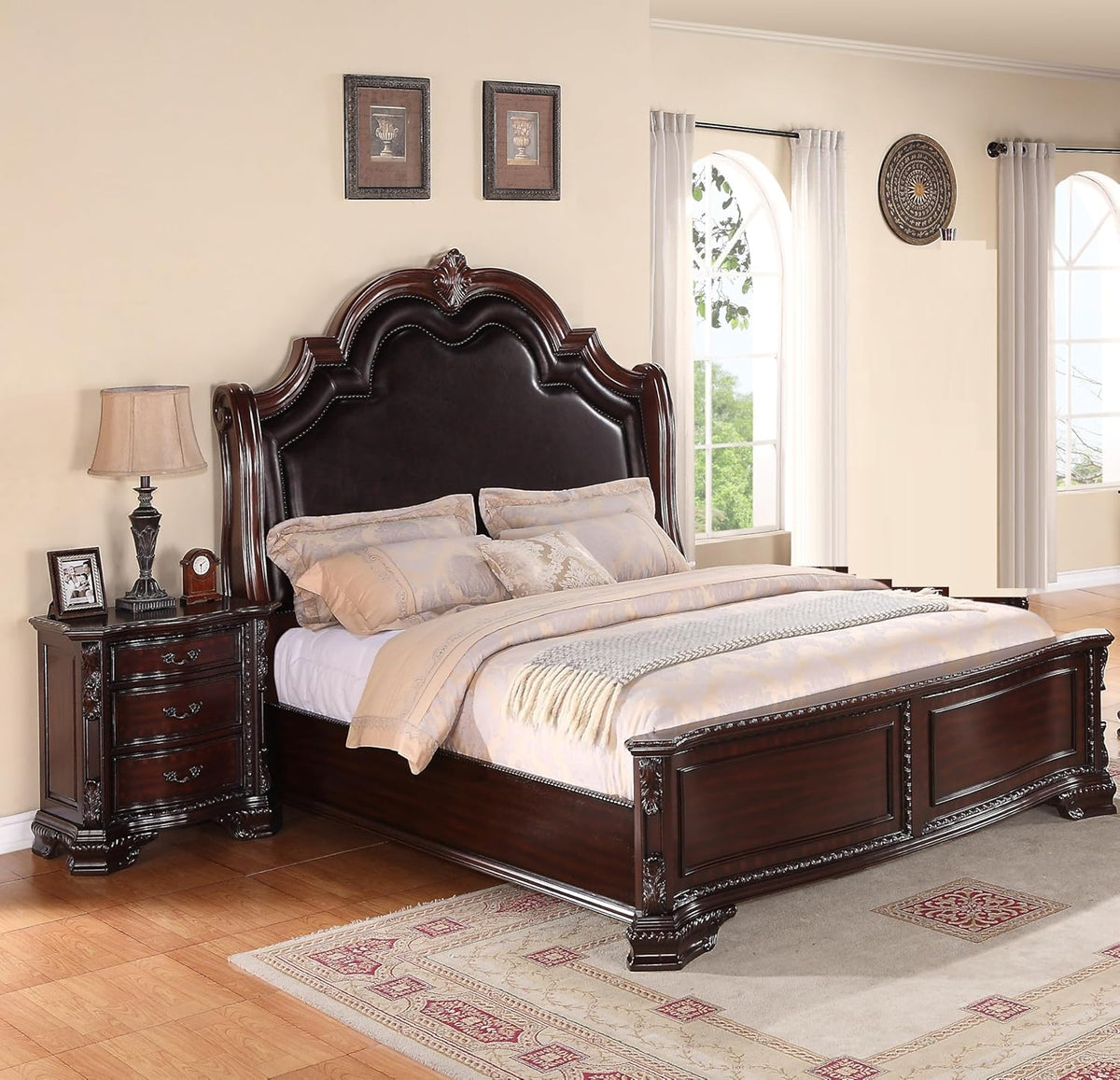 King Size Faux Leather Panel Bed with 2 Nightstand Set Cherry Finish Solid Wood Bedroom Furniture L73064
