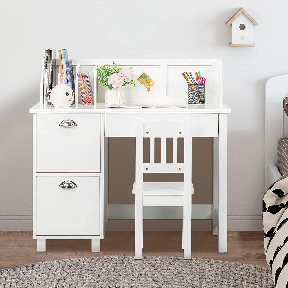Kids Desk and Chair Set with Hutch and Storage X746