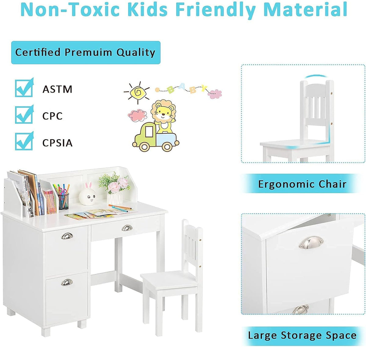 Kids Desk and Chair Set with Hutch and Storage X746