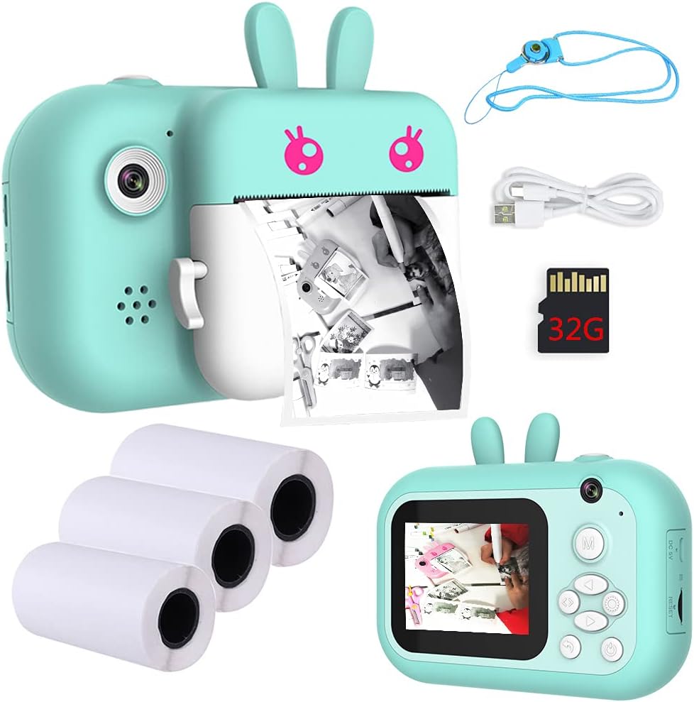 Blue Instant Print Camera for Kids with 3 Rolls Print Paper & 32GB SD Card B550495
