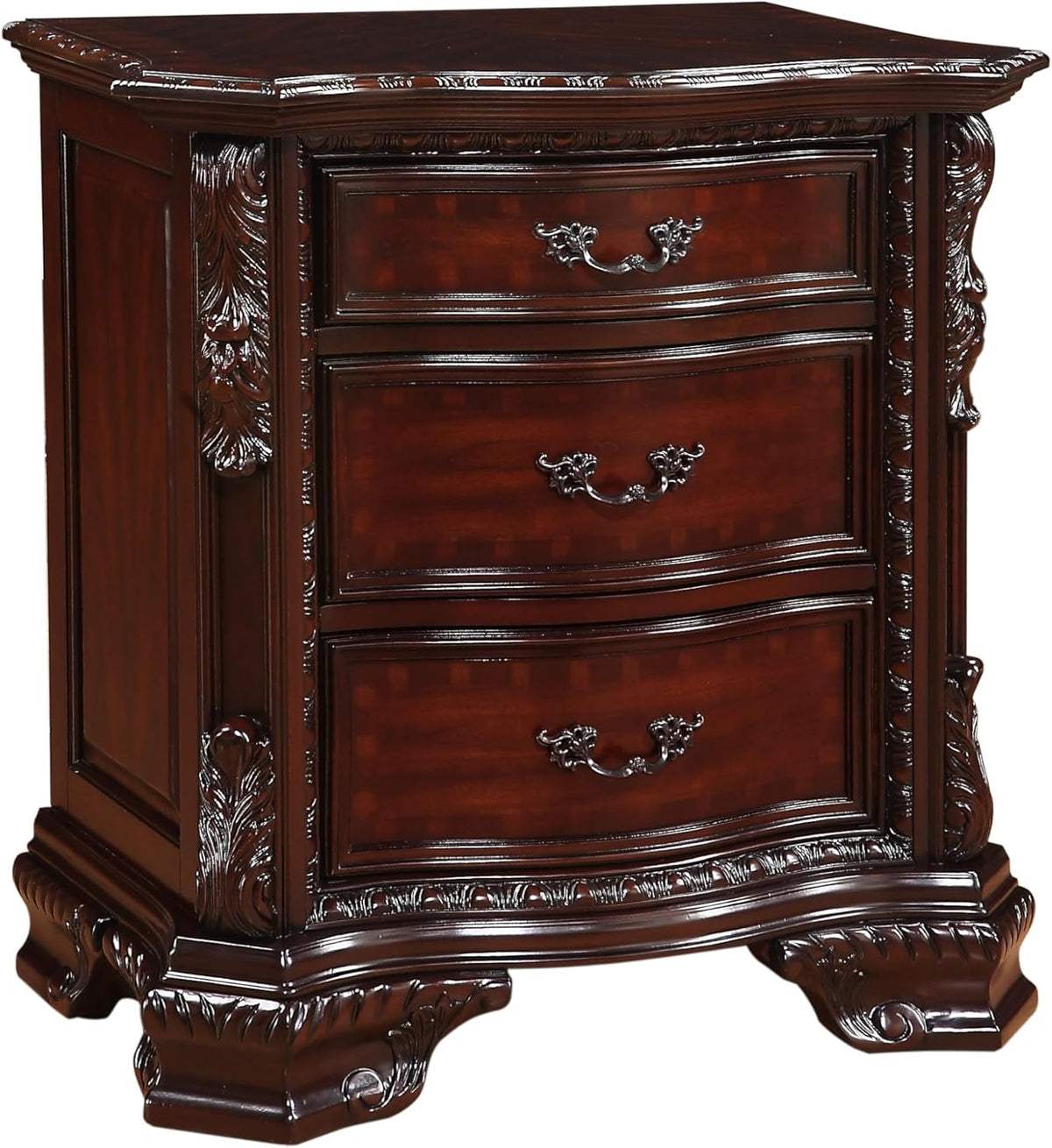 King Size Faux Leather Panel Bed with 2 Nightstand Set Cherry Finish Solid Wood Bedroom Furniture L73064
