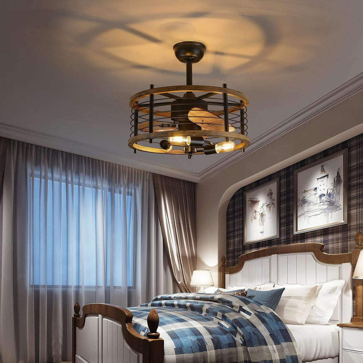 20-inch Industrial Caged Ceiling Fan with Lights Remote Control I93831