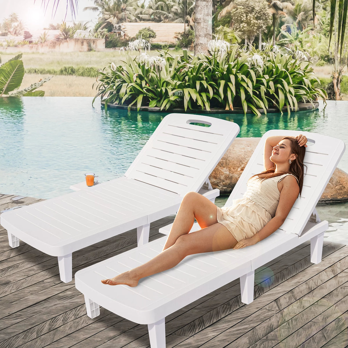 2 Pieces Patio Chaise Lounge Set with Side Table, White Z435048