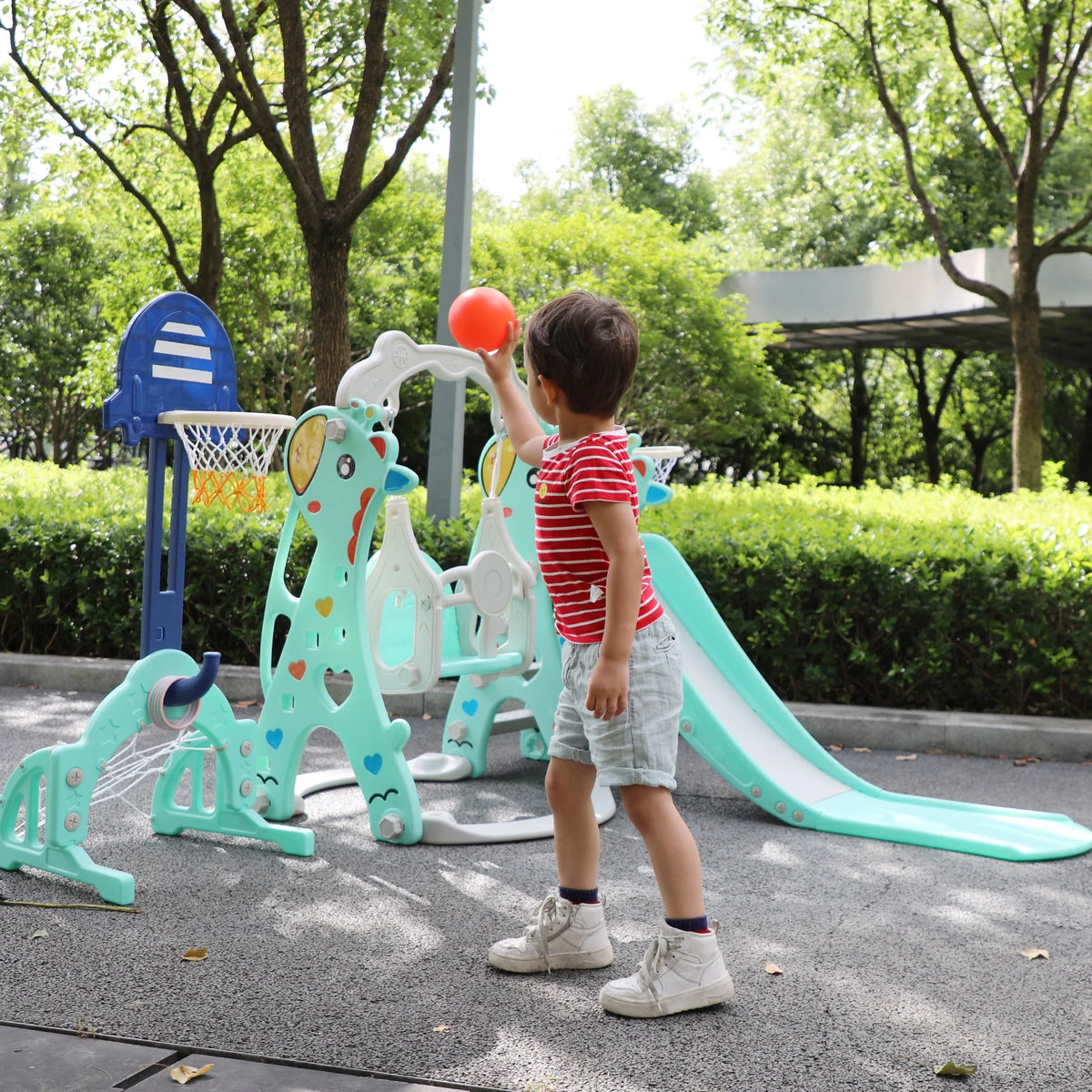 5-in-1 Toddler Climber and Swing Set with Slide, Football Gate and Basketball Hoops C968