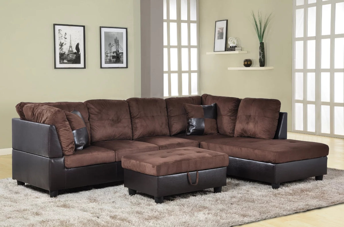 Chocolate Brown Microfiber Sectional Sofa with Storage Ottoman Y8942