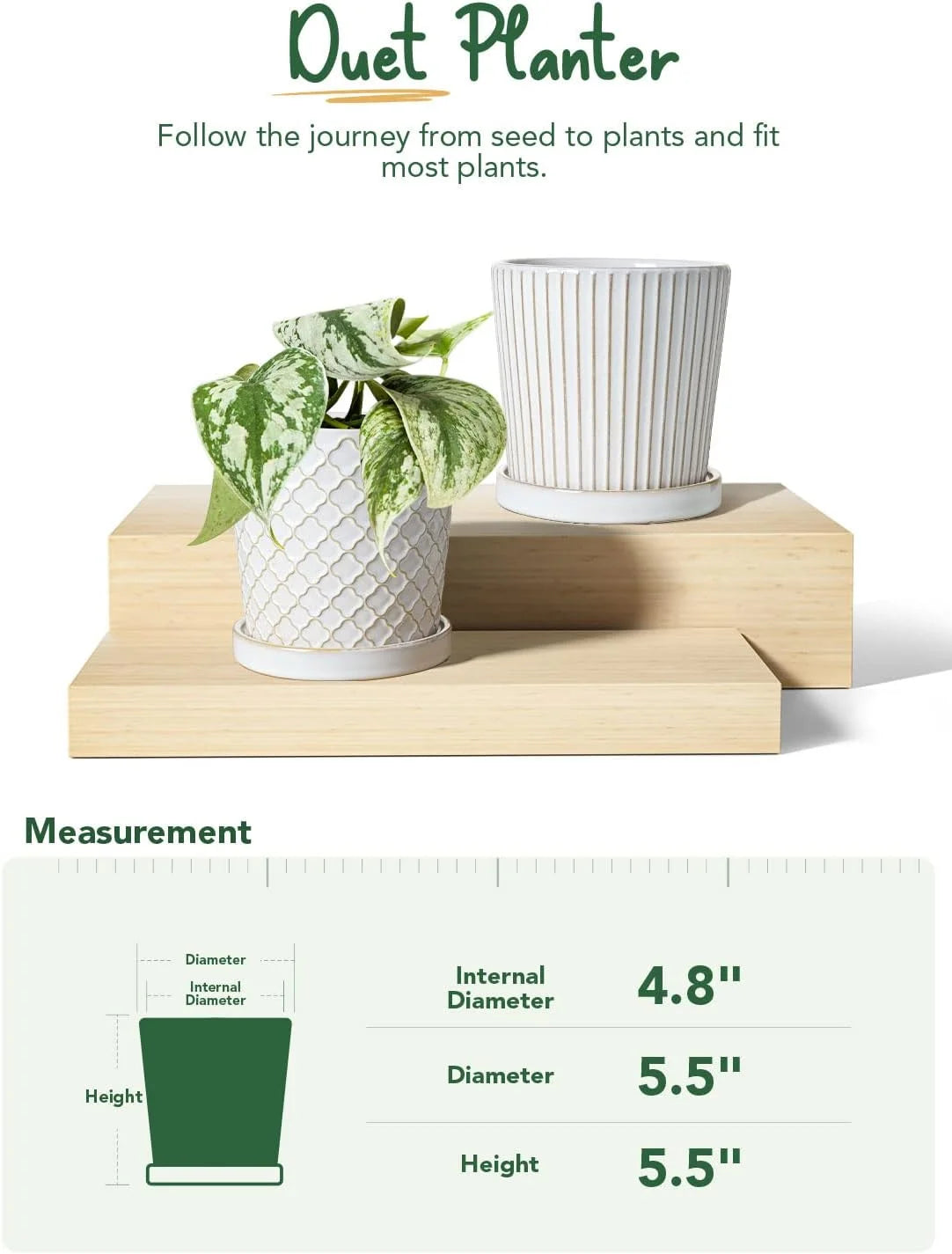 5.4 Inch Embossed Ceramic Plant Pots with Drainage, Set of 2, White Q496115