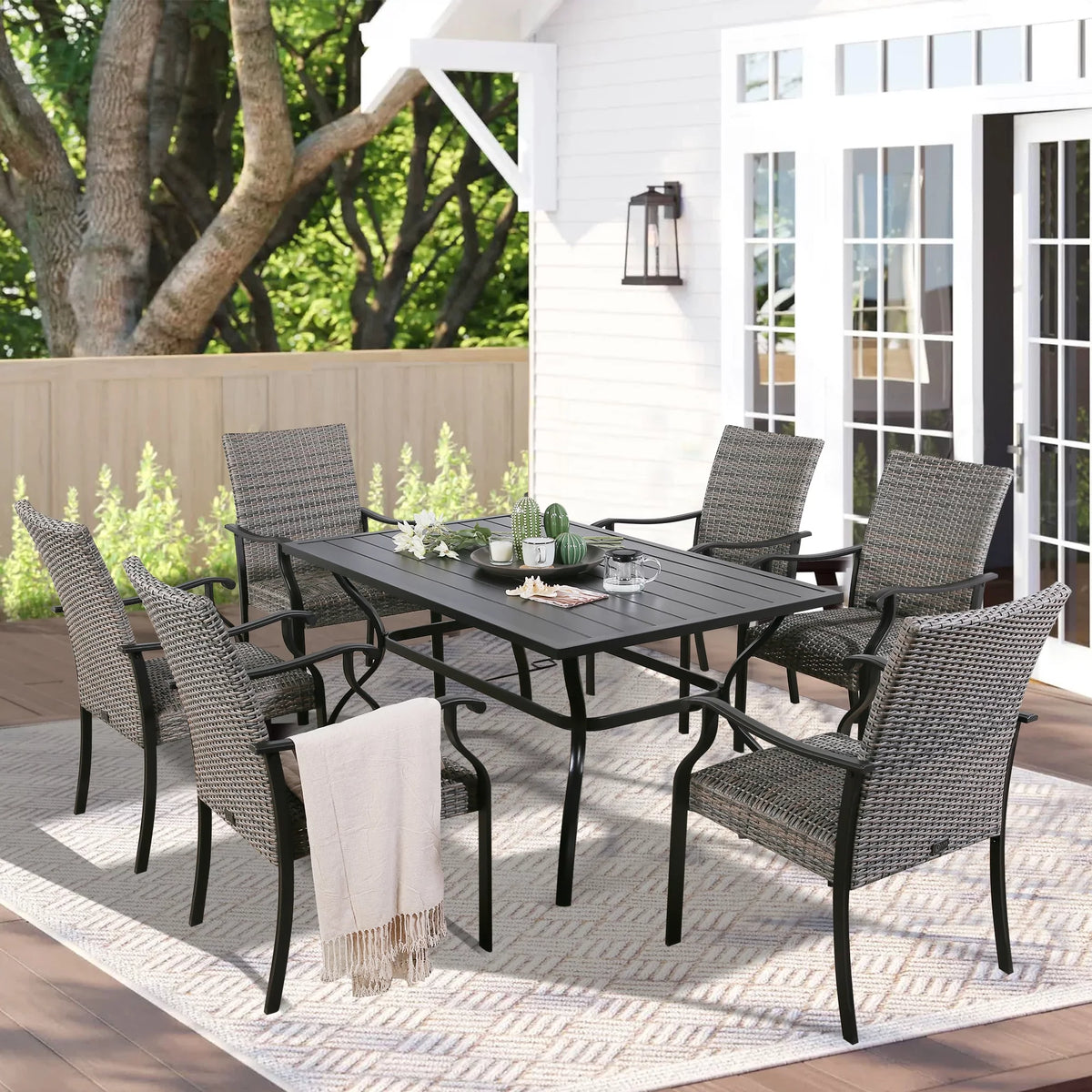 6-Person Metal Rattan Patio Dining Set with Umbrella Hole J353988