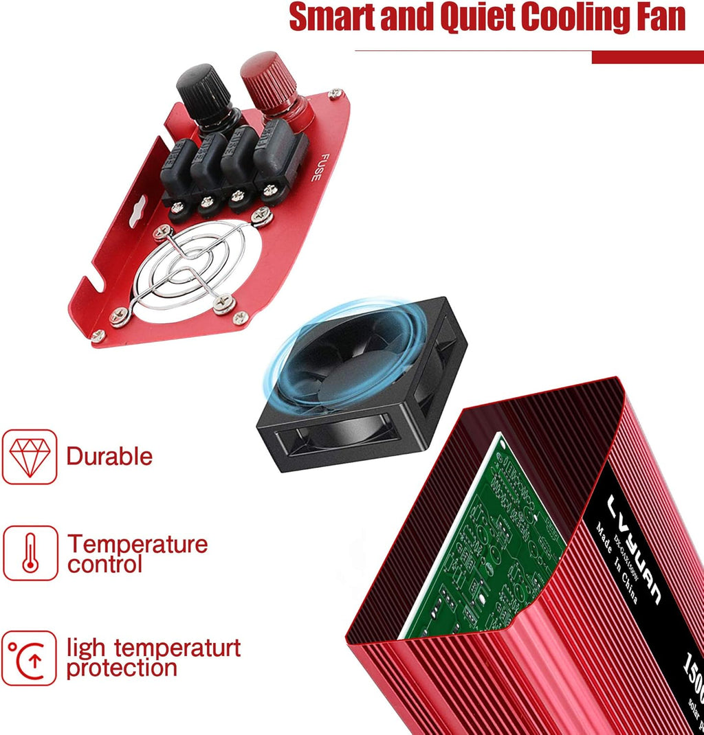 1500W Power Inverter Dual AC Outlets Dual USB DC 12V to 110V AC Car Inverter with Digital Display 4 External 40A Fuses T9021