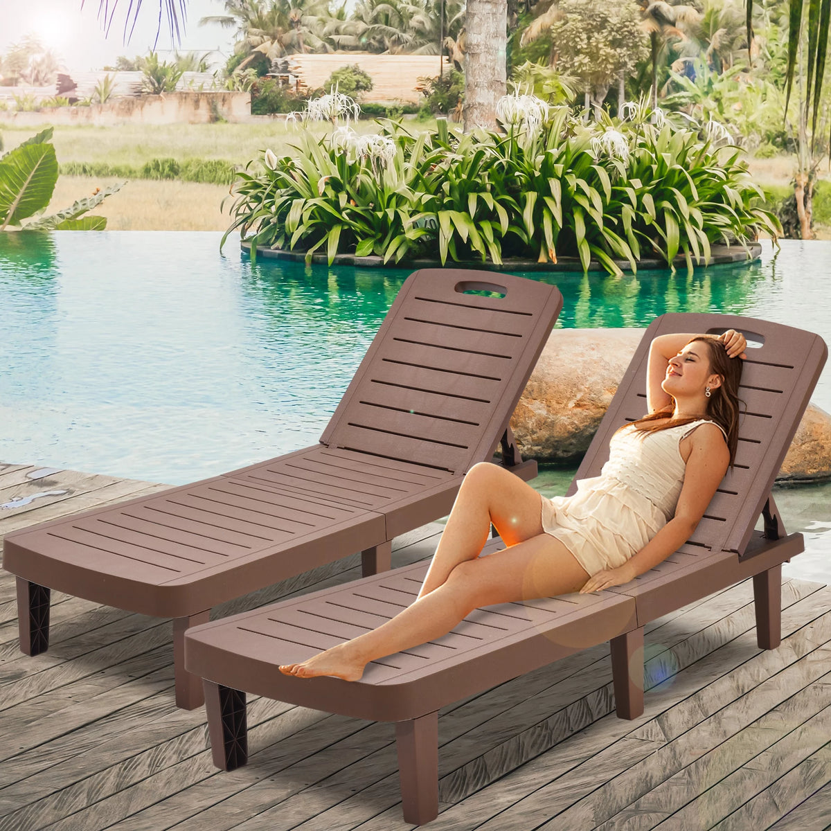 2 Pieces Patio Chaise Lounge Set with Side Table, White Z435048