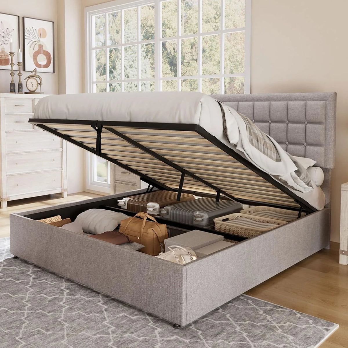 King Size Lift Up Storage Upholstered Platform Bed Frame O1828