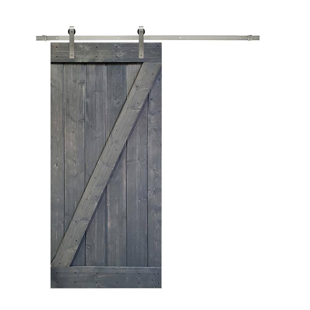 Gray Knotty Pine Wood Interior Sliding Barn Door with Hardware Kit K26838