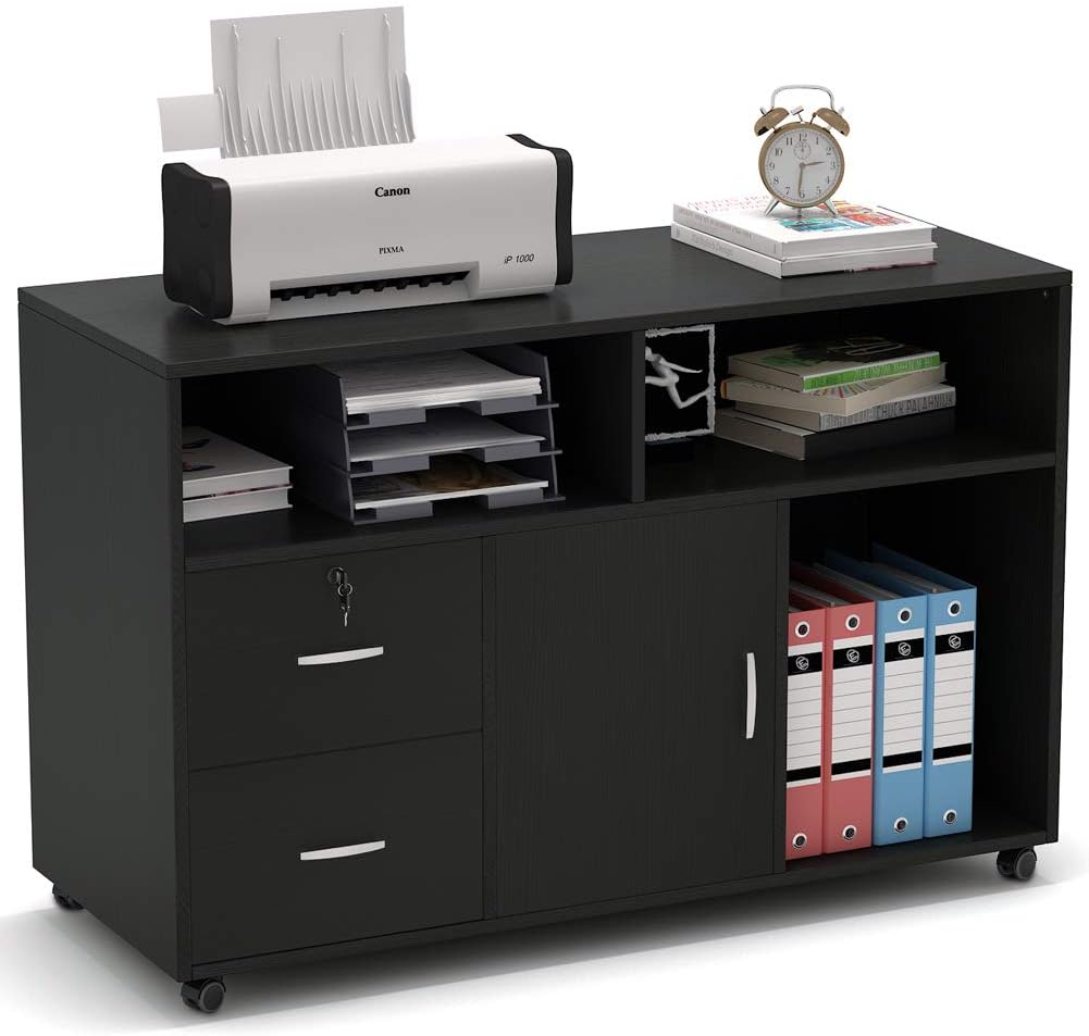 Black 2 Drawer Wood File Cabinet with Locks and Wheels S800