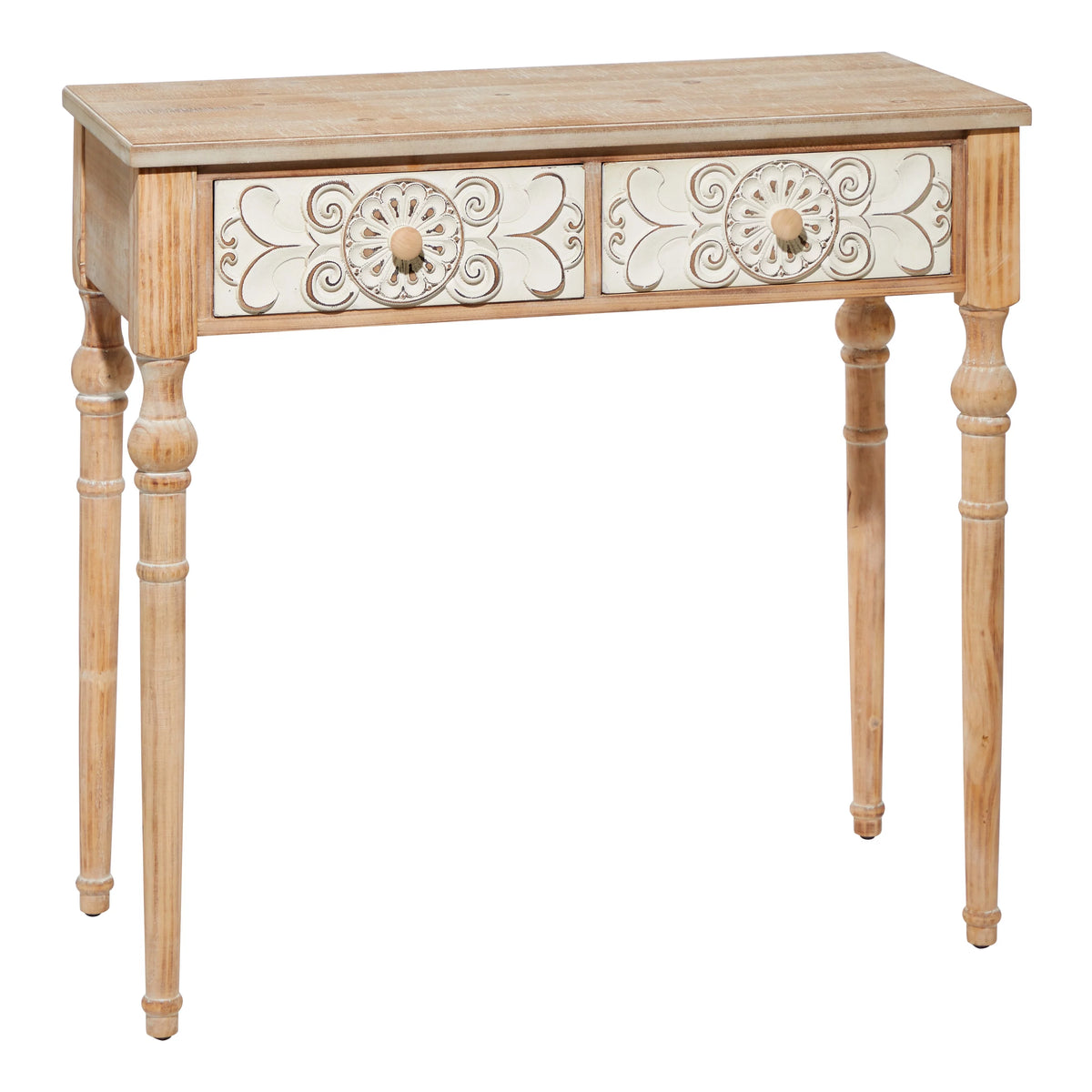 Brown Wood Carved 2 Drawers Console Table W7775