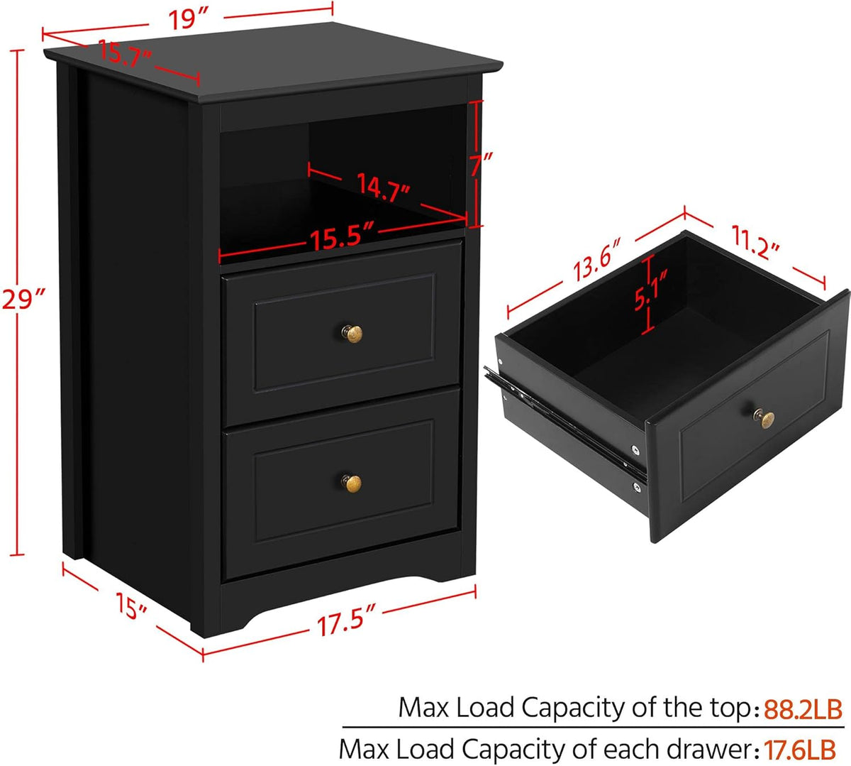 Black Tall End Table with 2 Drawers and Open Shelf K1845
