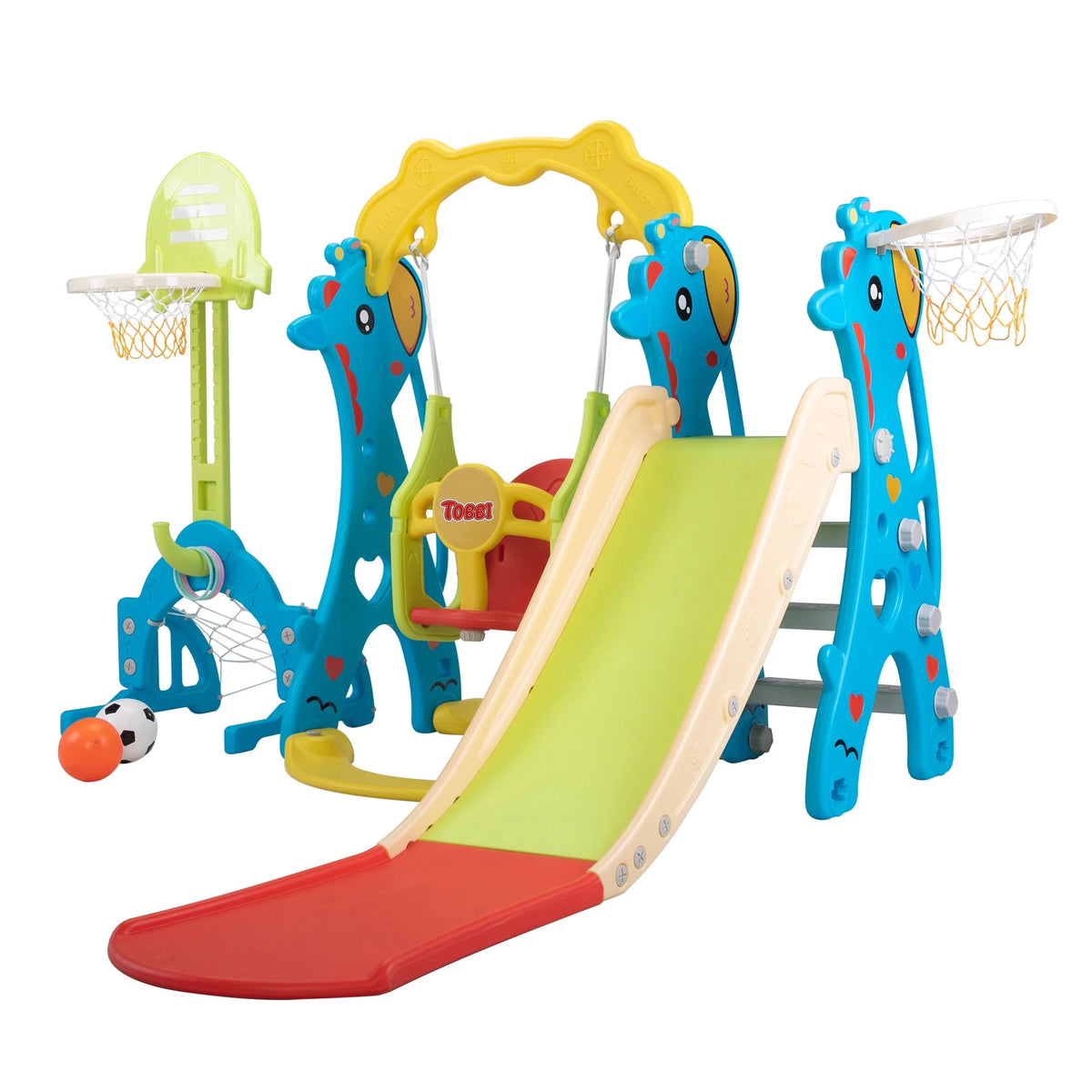5-in-1 Toddler Climber and Swing Set with Slide, Football Gate and Basketball Hoops C968