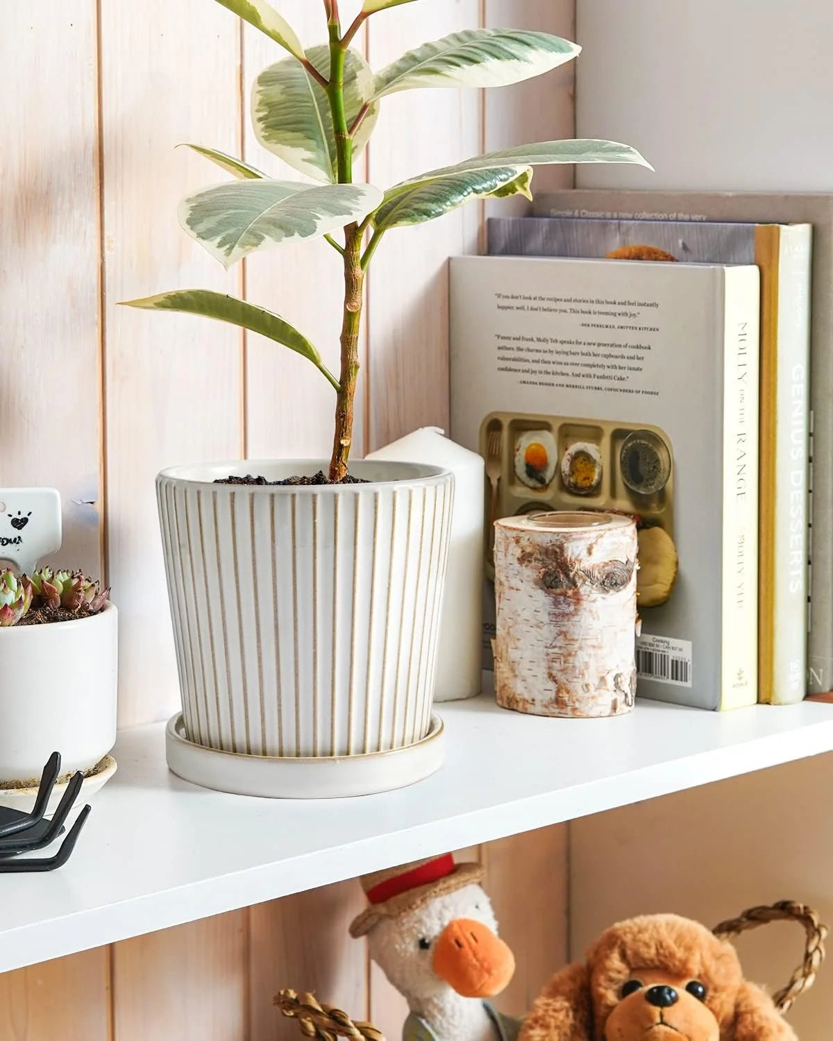5.4 Inch Embossed Ceramic Plant Pots with Drainage, Set of 2, White Q496115