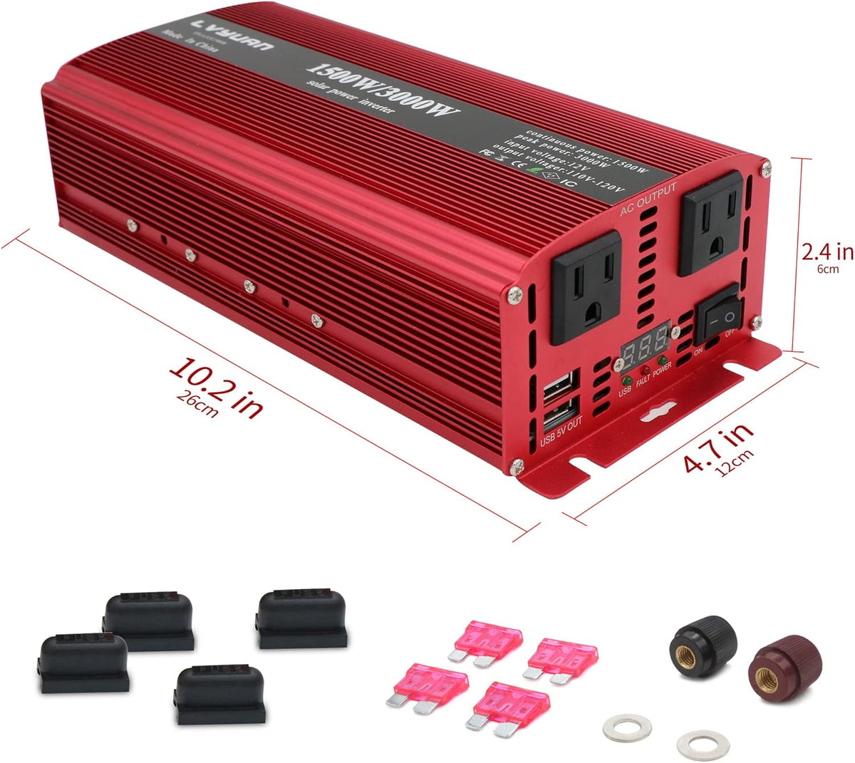 1500W Power Inverter Dual AC Outlets Dual USB DC 12V to 110V AC Car Inverter with Digital Display 4 External 40A Fuses T9021